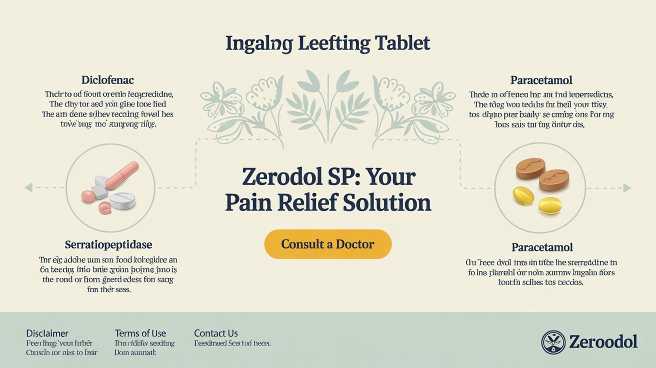 Infographic showing Zerodol SP Tablet ingredients: Aceclofenac for pain relief, Paracetamol for fever reduction, and Serratiopeptidase for swelling reduction.