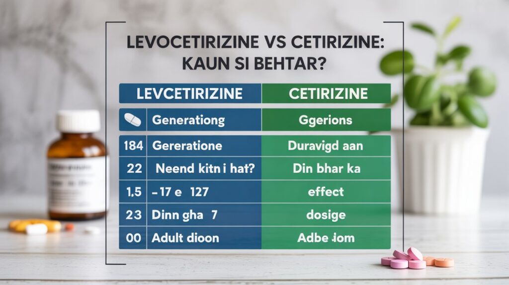Comparison table of levocetirizine vs cetirizine showing differences in drowsiness, dosage, and duration for allergy relief in Hinglish