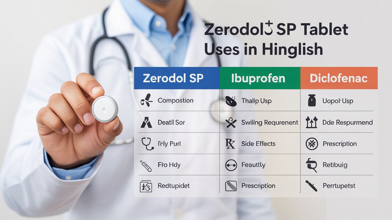 Comparison table of Zerodol SP Tablet vs Ibuprofen and Diclofenac, highlighting uses, side effects, and swelling reduction for pain relief.