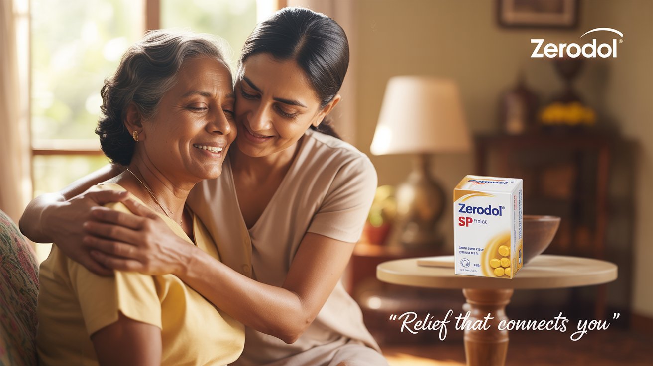 Illustration of an Indian person with joint pain relief using Zerodol SP Tablet, showing reduced inflammation in a cozy home with monsoon elements.