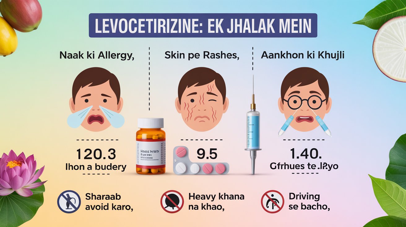 Infographic summarizing levocetirizine uses, dosage, and precautions for allergies in Hinglish with icons for nasal allergies, skin rashes, and eye issues