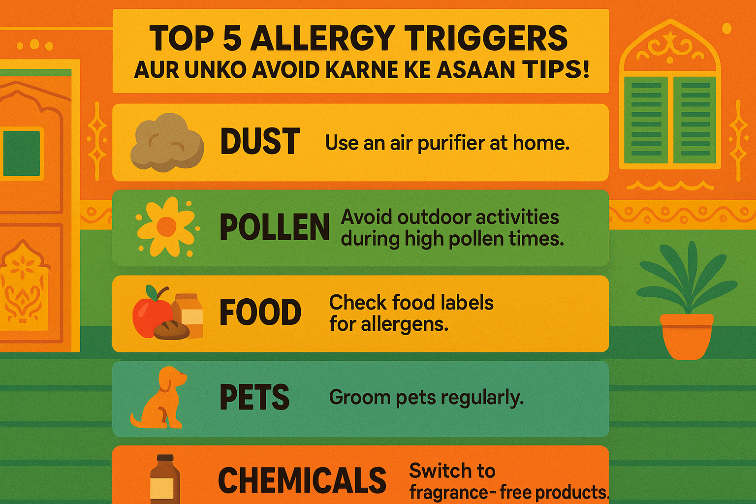 Allergy se bachne ke top tips! Dust, pollen, aur skin allergies se bachne ke asaan, science-backed tareeke. Ab monsoon mein bhi tension-free jiyo! Infographic showing 5 common allergy triggers like dust, pollen, and food with practical tips to avoid them in Hindi and English